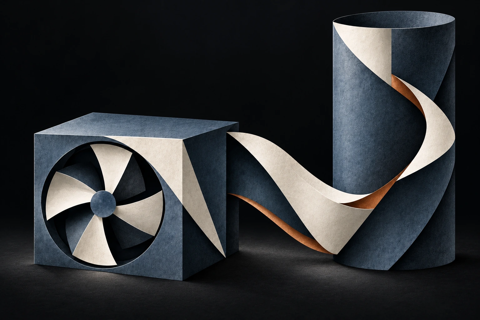 Ivory and slate heat pump and thermal store linked by a folded ribbon on charcoal