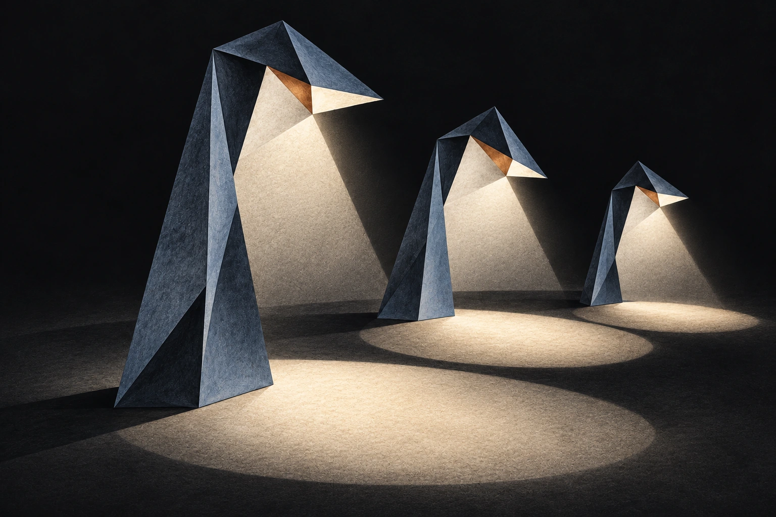 Sculptural ivory and slate lamps casting pools of light on charcoal